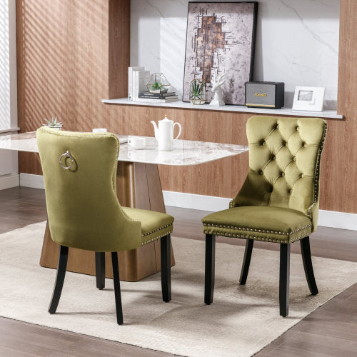 Modern, High-end Tufted Solid Wood Contemporary Velvet Upholstered Dining Chair with Wood Legs Nailhead Trim 2-Pcs Set,Olive-Green