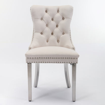 Tufted Velvet Dining Chairs with Nailhead Trim and Chrome Legs, Set of 2, Beige