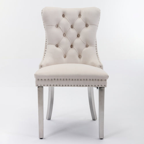 Tufted Velvet Dining Chairs with Nailhead Trim and Chrome Legs, Set of 2, Beige