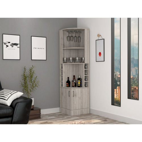 Corner Bar Cabinet, Eight Bottle Cubbies, Double Door, Two Open Shelves
