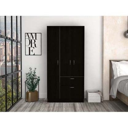 Armoire, Double Door Cabinets, One Drawer, Metal Rod, Five Shelves -Black / White