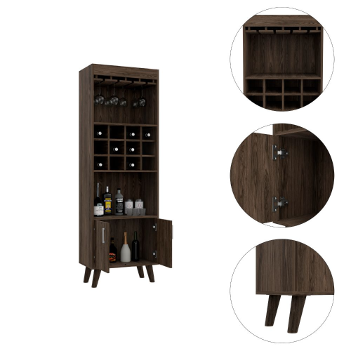Bar Cabinet, Twelve Built-in Wine Rack, Double Door Cabinet, Two Shelves -Dark Walnut