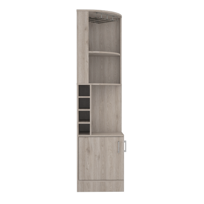 Corner Bar Cabinet, Eight Bottle Cubbies, Double Door, Two Open Shelves