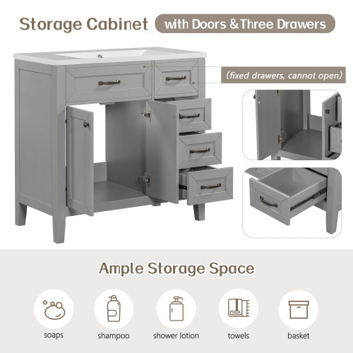 36" Bathroom Vanity with Sink Combo, Gray Bathroom Cabinet with Drawers, Solid Frame and MDF Board (Old Sku:JL000007AAE)