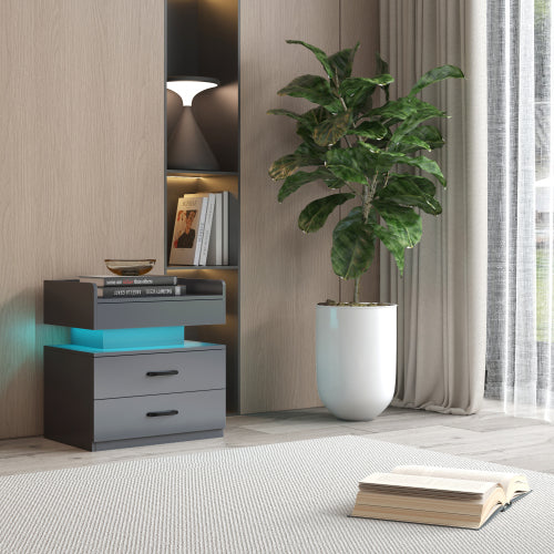Adjustable LED Nightstand, 2 Sliding Drawers Eco-Friendly MDF Multi-Use Side Table