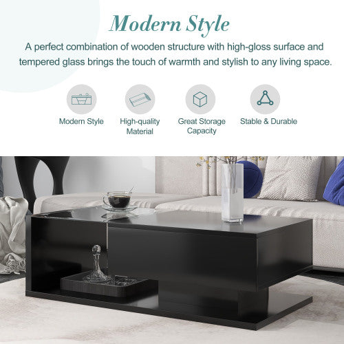 2-Tier Rectangular Glass Coffee Table, Black