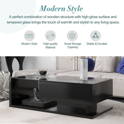 2-Tier Rectangular Glass Coffee Table, Black