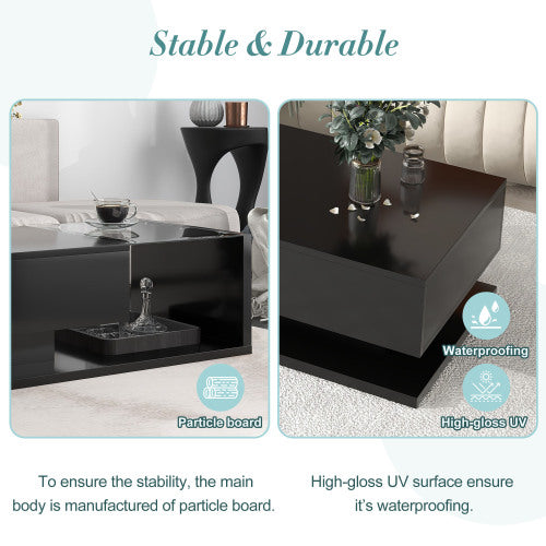 2-Tier Rectangular Glass Coffee Table, Black
