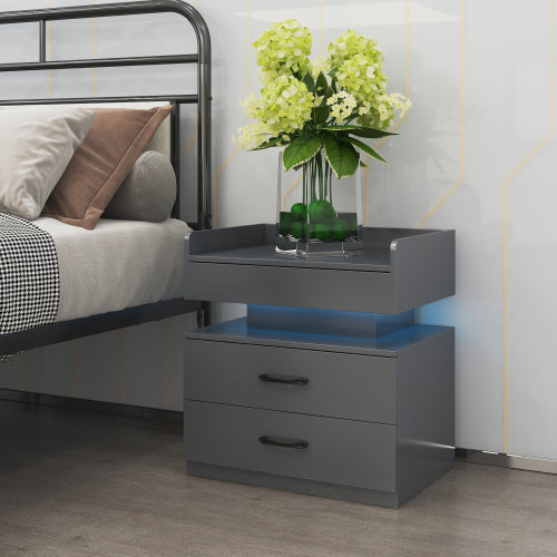 Adjustable LED Nightstand, 2 Sliding Drawers Eco-Friendly MDF Multi-Use Side Table
