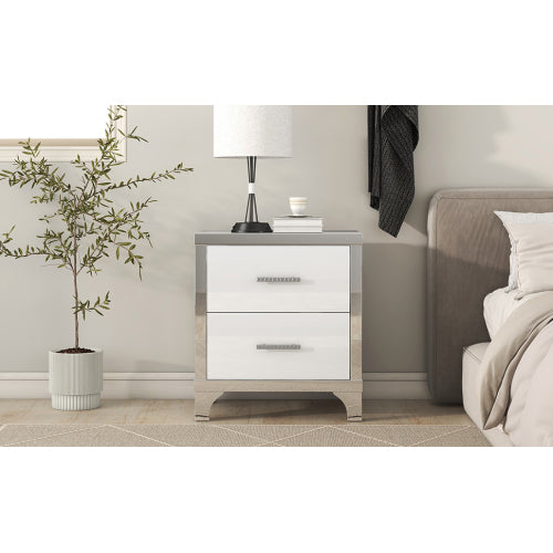 Elegant High Gloss Nightstand with Metal Handle,Mirrored Bedside Table with 2 Drawers for Bedroom,Living Room,White