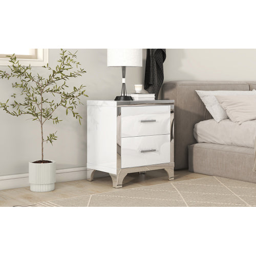 Elegant High Gloss Nightstand with Metal Handle,Mirrored Bedside Table with 2 Drawers for Bedroom,Living Room,White