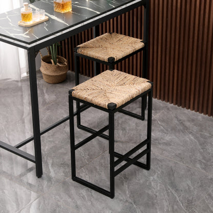 Set of 2 Water Hyacinth Woven Bar Stools for Kitchen Counter Water Hyacinth Grass Backless Barstools with Footrest (Water Hyacinth Backless)