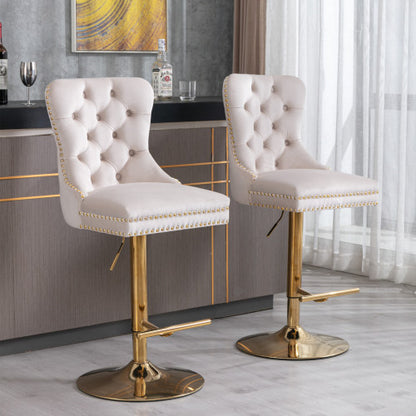 Furniture,Thick Golden Swivel Velvet Barstools Adjusatble Seat Height from 27-35 Inch, Modern Upholstered Bar Stools with Backs Comfortable Tufted for Home Pub and Kitchen Island (Beige,Set of 2)