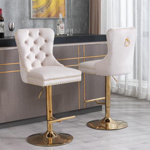 Furniture,Thick Golden Swivel Velvet Barstools Adjusatble Seat Height from 27-35 Inch, Modern Upholstered Bar Stools with Backs Comfortable Tufted for Home Pub and Kitchen Island (Beige,Set of 2)