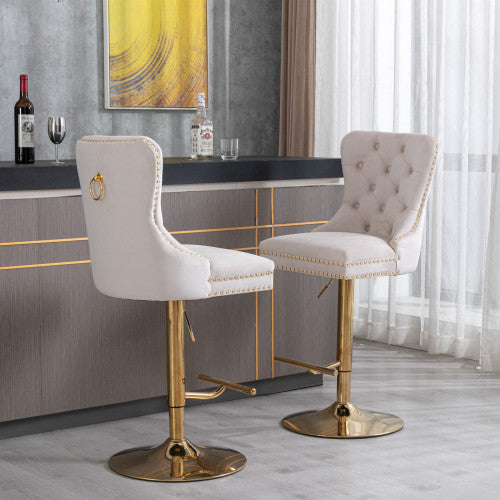 Furniture,Thick Golden Swivel Velvet Barstools Adjusatble Seat Height from 27-35 Inch, Modern Upholstered Bar Stools with Backs Comfortable Tufted for Home Pub and Kitchen Island (Beige,Set of 2)