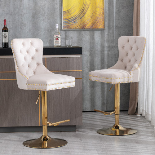 Furniture,Thick Golden Swivel Velvet Barstools Adjusatble Seat Height from 27-35 Inch, Modern Upholstered Bar Stools with Backs Comfortable Tufted for Home Pub and Kitchen Island (Beige,Set of 2)