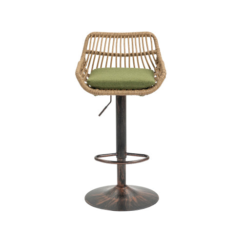 Set of 2 Green PE Rattan Swivel Bar Stools, Adjustable Counter Height Chairs with Footrest & Metal Base