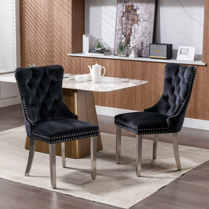 Tufted Velvet Dining Chairs with Nailhead Trim and Chrome Legs, Set of 2, Black