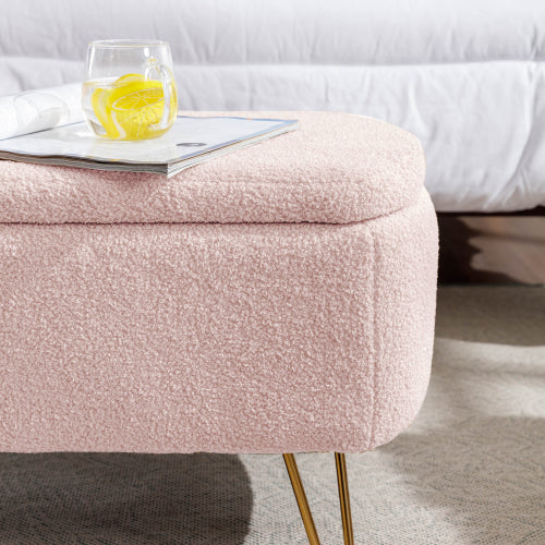 Pink Storage Ottoman Bench for End of Bed Gold Legs, Modern Grey Faux Fur Entryway Bench Upholstered Padded with Storage for Living Room Bedroom