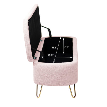 Pink Storage Ottoman Bench for End of Bed Gold Legs, Modern Grey Faux Fur Entryway Bench Upholstered Padded with Storage for Living Room Bedroom