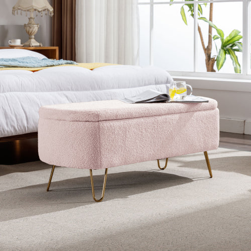 Pink Storage Ottoman Bench for End of Bed Gold Legs, Modern Grey Faux Fur Entryway Bench Upholstered Padded with Storage for Living Room Bedroom