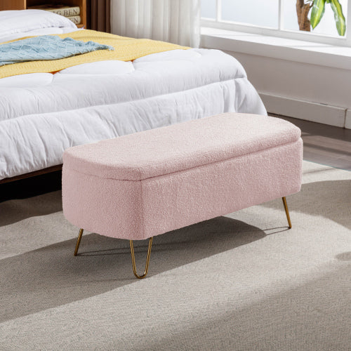 Pink Storage Ottoman Bench for End of Bed Gold Legs, Modern Grey Faux Fur Entryway Bench Upholstered Padded with Storage for Living Room Bedroom