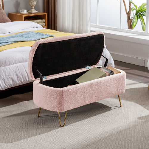 Pink Storage Ottoman Bench for End of Bed Gold Legs, Modern Grey Faux Fur Entryway Bench Upholstered Padded with Storage for Living Room Bedroom