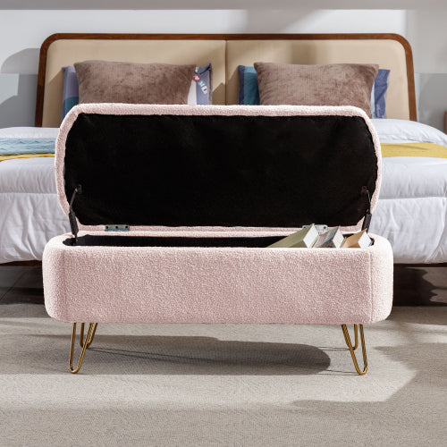 Pink Storage Ottoman Bench for End of Bed Gold Legs, Modern Grey Faux Fur Entryway Bench Upholstered Padded with Storage for Living Room Bedroom