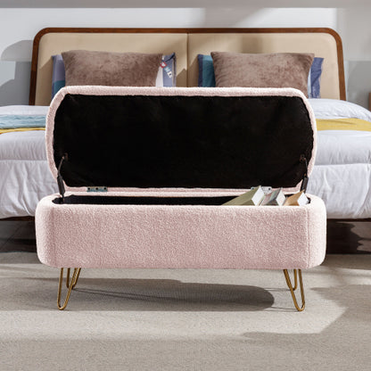 Pink Storage Ottoman Bench for End of Bed Gold Legs, Modern Grey Faux Fur Entryway Bench Upholstered Padded with Storage for Living Room Bedroom