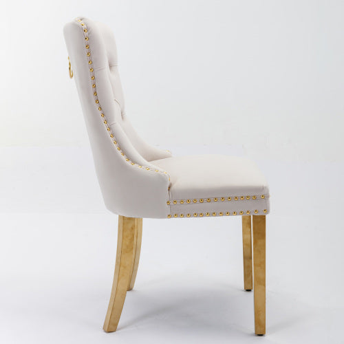 Single Beige & Gold Tufted Velvet Dining Chair, Solid Wood Frame, Nailhead Trim, Chrome Plated Stainless Steel Legs