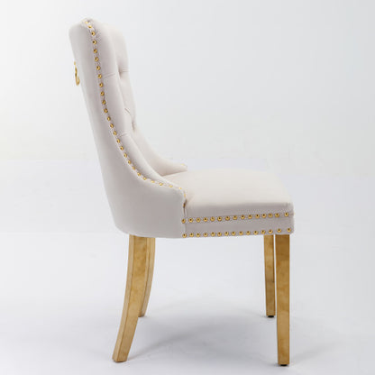 Single Beige & Gold Tufted Velvet Dining Chair, Solid Wood Frame, Nailhead Trim, Chrome Plated Stainless Steel Legs