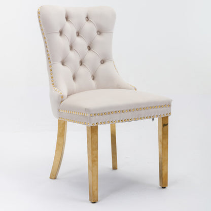 Single Beige & Gold Tufted Velvet Dining Chair, Solid Wood Frame, Nailhead Trim, Chrome Plated Stainless Steel Legs