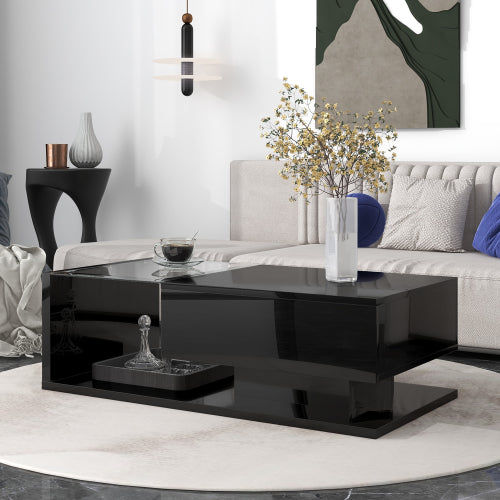 2-Tier Rectangular Glass Coffee Table, Black