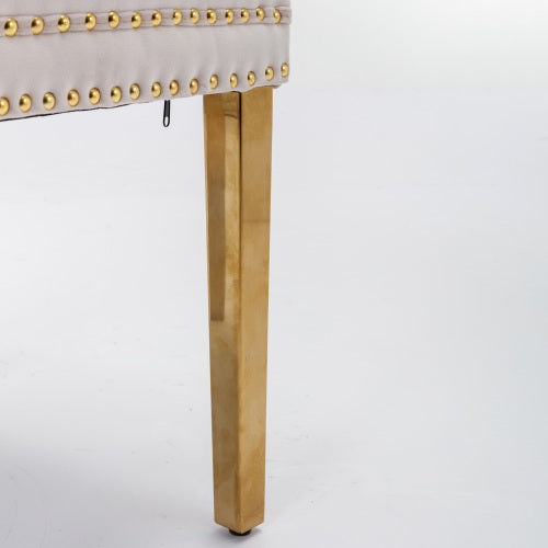 Single Beige & Gold Tufted Velvet Dining Chair, Solid Wood Frame, Nailhead Trim, Chrome Plated Stainless Steel Legs