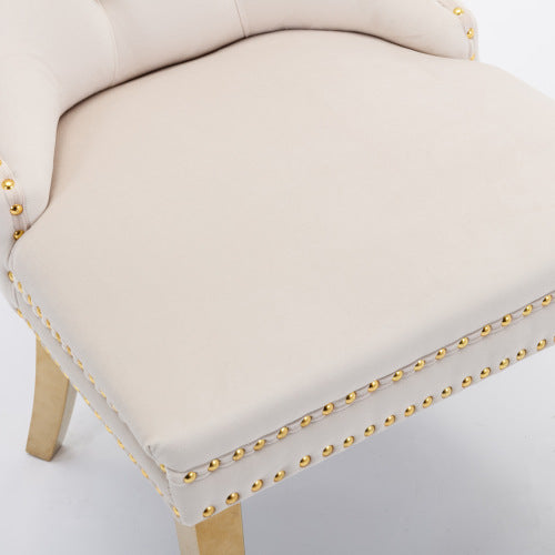 Single Beige & Gold Tufted Velvet Dining Chair, Solid Wood Frame, Nailhead Trim, Chrome Plated Stainless Steel Legs