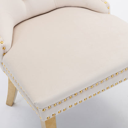 Single Beige & Gold Tufted Velvet Dining Chair, Solid Wood Frame, Nailhead Trim, Chrome Plated Stainless Steel Legs