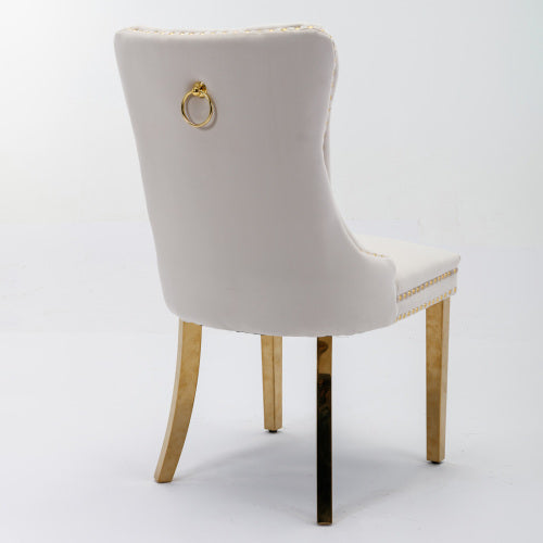 Single Beige & Gold Tufted Velvet Dining Chair, Solid Wood Frame, Nailhead Trim, Chrome Plated Stainless Steel Legs