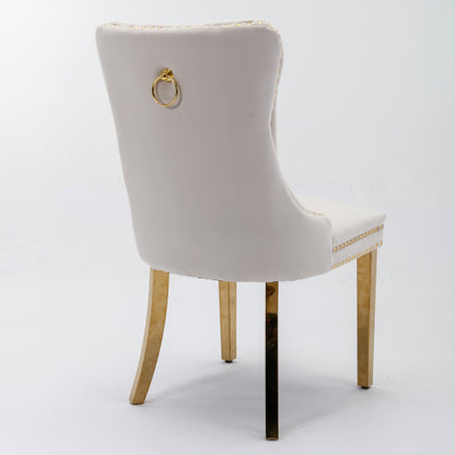 Single Beige & Gold Tufted Velvet Dining Chair, Solid Wood Frame, Nailhead Trim, Chrome Plated Stainless Steel Legs