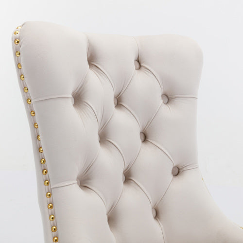 Single Beige & Gold Tufted Velvet Dining Chair, Solid Wood Frame, Nailhead Trim, Chrome Plated Stainless Steel Legs
