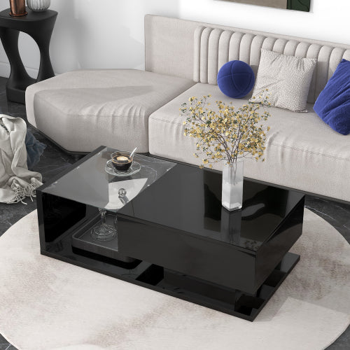 2-Tier Rectangular Glass Coffee Table, Black