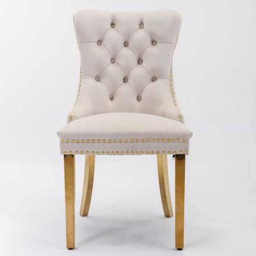 Single Beige & Gold Tufted Velvet Dining Chair, Solid Wood Frame, Nailhead Trim, Chrome Plated Stainless Steel Legs