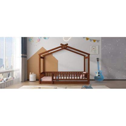 Twin Size Wood Bed House Bed Frame with Fence, for Kids, Teens, Girls, Boys, Walnut