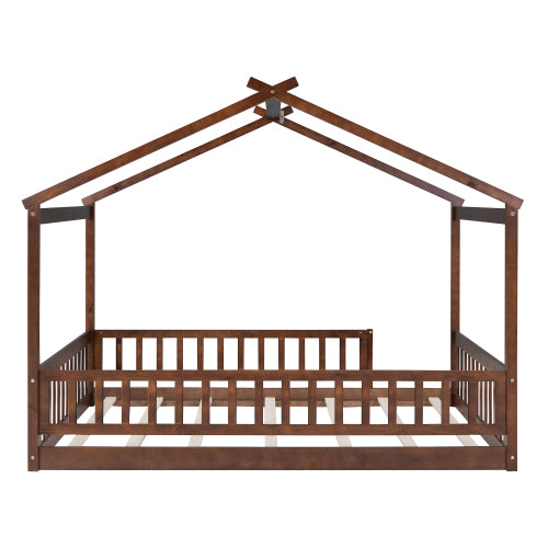 Full Size Wood Bed House Bed Frame with Fence, for Kids, Teens, Girls, Boys,Walnut