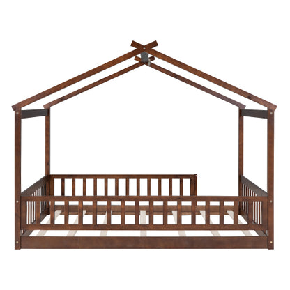 Full Size Wood Bed House Bed Frame with Fence, for Kids, Teens, Girls, Boys,Walnut