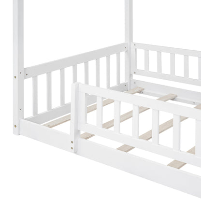 Twin Size Wood Bed House Bed Frame with Fence, for Kids, Teens, Girls, Boys,White