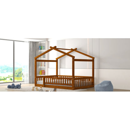 Full Size Wood Bed House Bed Frame with Fence, for Kids, Teens, Girls, Boys,Walnut
