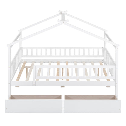 Full Size Wooden House Bed with Two Drawers, White
