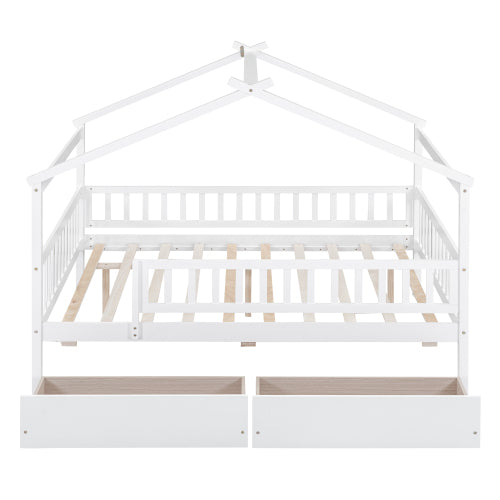 Full Size Wooden House Bed with Two Drawers, White