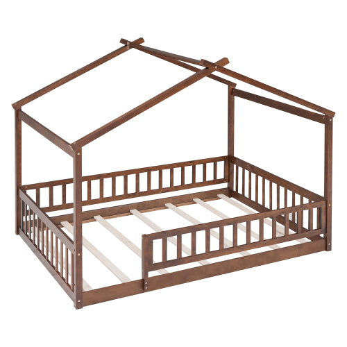 Full Size Wood Bed House Bed Frame with Fence, for Kids, Teens, Girls, Boys,Walnut