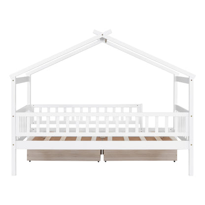 Twin Size Wooden House Bed with Two Drawers, White